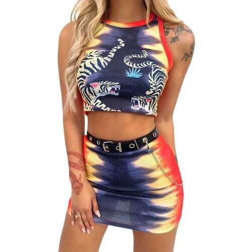 Women’s Sexy Vest and Skirt Suit Fashion Tiger Pattern Cropped Tops and Gradient Color High-waist Tight Short Skirt