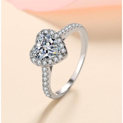 Hot Sale Silver 925 Original Brilliant Cut Diamond Test Past 1 Carat D Color Moissanite Heart Ring for Women Gemstone Jewelry