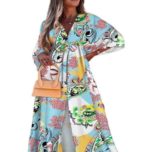 Spring Summer Maxi Dresses Gorgeous Print Deep V Drawstring Waist Female Bohemian Floor Length Slit Hem Dress for Women 2021