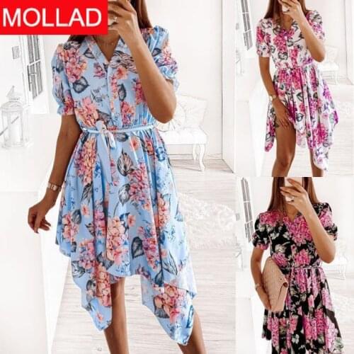 2021 AliExpress Hot Summer Short Sleeve V-neck Digital Printed Lace up Dress Womens Clothing