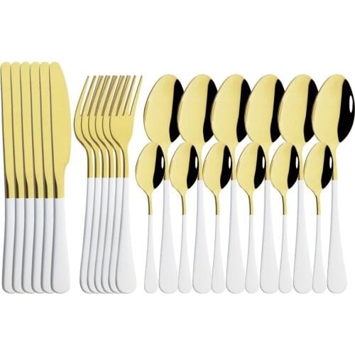 24pcs Luxury White Gold Dinnerware Set Stainless Steel Knife Fork Spoon Cutlery Set Kitchen Tableware Set Flatware Set Wholesale