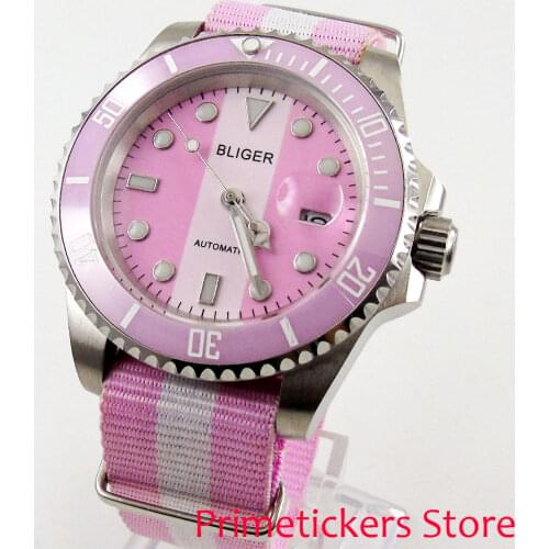 40mm Bliger pink white dial date sapphire crystal automatic movement womens watch nylon strap