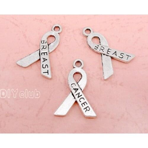 80pcs-Antique Silver Breast Cancer Ribbon Charms Pendant 23x16mm