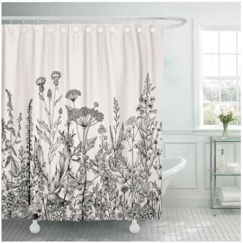 Floral Border Herbs and Wild Flowers Botanical Engraving Black Shower Curtain Waterproof Set With Hooks Hanging Curtain Cloth