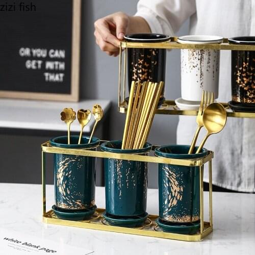 Three-piece Ceramic Tableware Storage Tube Household Chopsticks Drain Rack Fork Spoon Rack Kitchen Utensils Porcelain Decoration