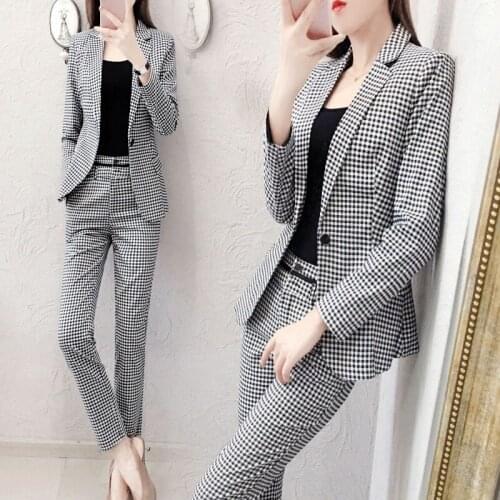 Two piece set top and pants fashion professional plaid suit suit female temperament long sleeve tooling suit pants two-piece