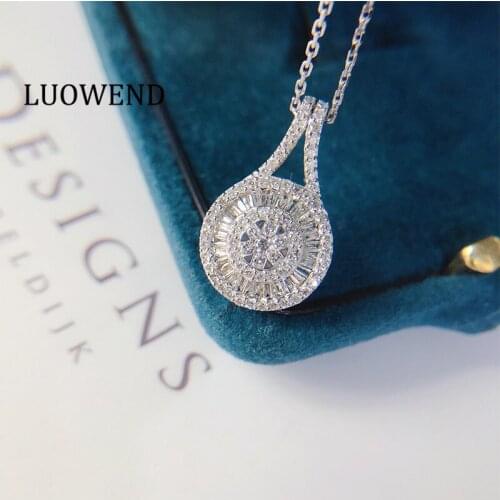 LUOWEND 100% Real 18K White Gold Pendant Necklace Natural Diamond Pendant Women Engagement Necklace Fashion lady Chain Jewelry