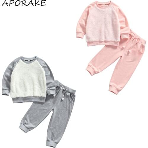 2021 1-6Y Autumn Kids Baby Girl Boy Clothes Set Fur Patch Long Sleeve O Neck Sweatshirt+Pom Poms Bow Pants Casual Tracksuit 2pcs