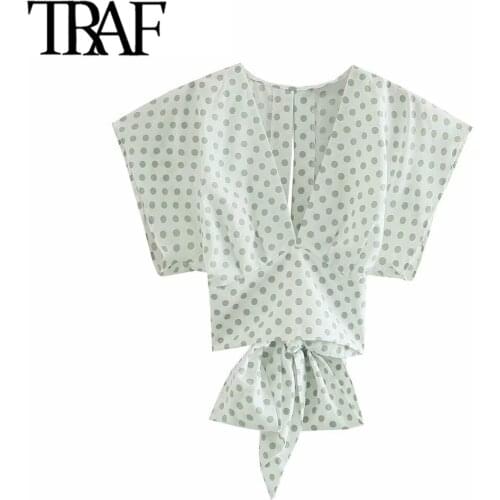 TRAF Women Fashion With Bow Polka Dot Linen Crop Blouses Vintage Backless Short Sleeve Female Shirts Chic Blusas Tops
