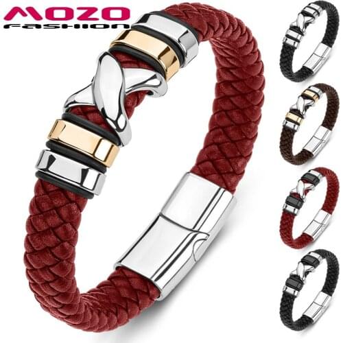 MOZO FASHION 2020 Men Bracelets Braided cross Stainless Steel Cuff Bracelet Hip Hop Genuine Leather Bangle Women Jewelry Gift175