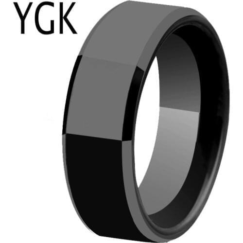 Hot Sales Classic Mens 8MM Shiny Black Bevel Tungsten Ring Womens Engagement Ring Tungsten Trendy Party Ring Free Engraving