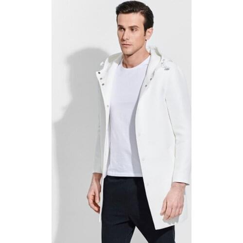 Brand men clothing 2018 fashion Brief spring hooded solid men long black white trench coat single breasted men overcoat jacket