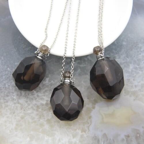 Smoky Quartzs Perfume Bottle Pendants Necklace,Cut Faceted Crystal Silver Chain Essential Oil Diffuser Vial Healing Jewelry