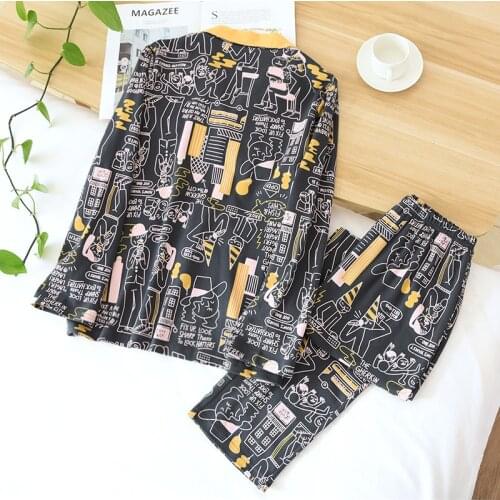 2021 New Couple Spring and Autumn Pajamas Suit 100% Cotton Mens Cartoon Comics Knitted Lapel Home Service Plus Size Women Sleep