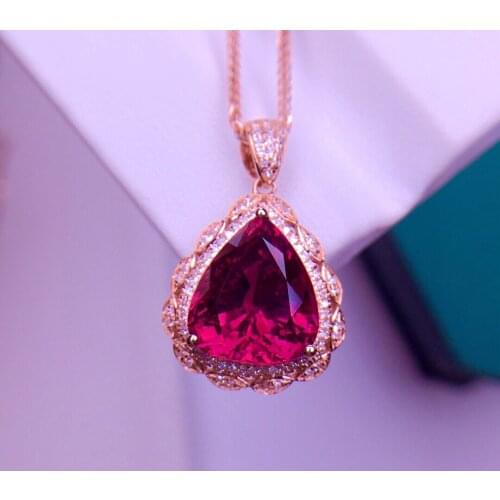 E708 Rubillite Tourmaline Pendant Real 18K Gold 100% Natural Rubillite Tourmaline 4.8ct Gemstones Diamond Pendant Necklace