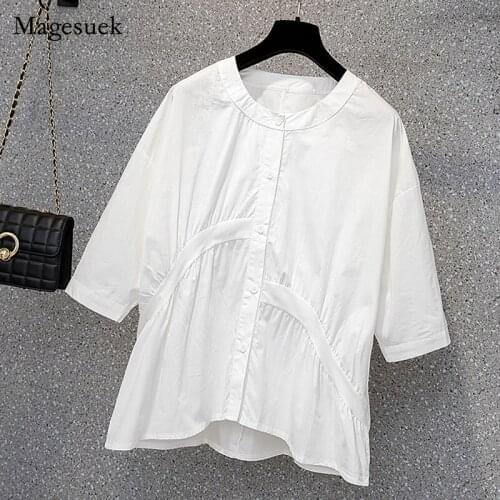 Plus Size 4XL Womens Shirt Elegant Korean Style White Asymmetric Stitching Women Blouse Casual Loose Sweet OL Pleated Top 15328