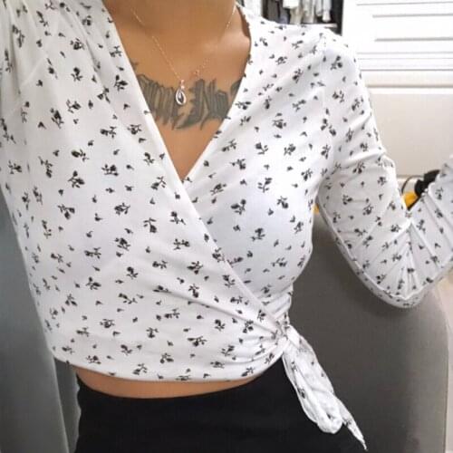 Sweet Girls Soft Cotton V Neck Shirt 2021 Summer Fashion Ladies All-match Women Black Rose Floral Wrap Top