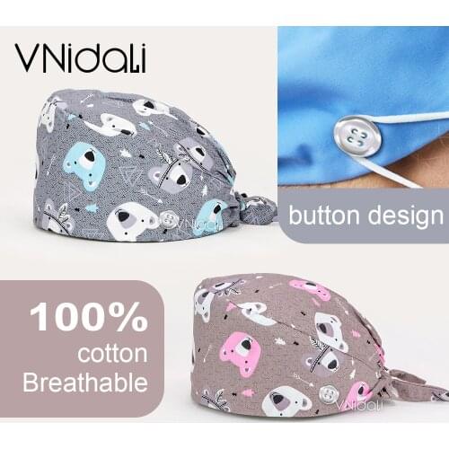 Surgic cap Bear series Soft Hat Printing Nurse Sweat-absorbent Head Wrap Towel Surgical Anti-Dirty Pure Cotton Cap With Button