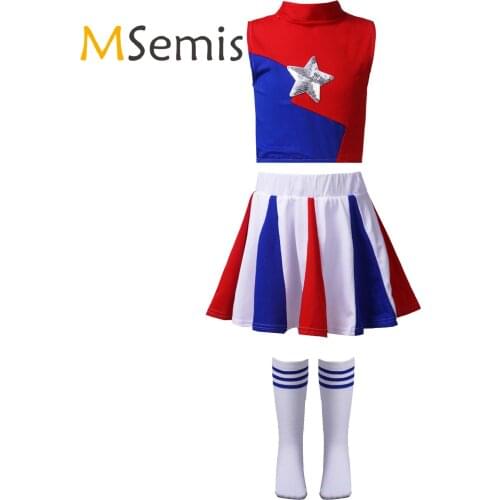 Kids Girls Cheerleading Uniform Sleeveless Round Neckline Sequins Star Decor Front Crop Top with Skirt and Stretchy Socks