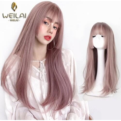 Long Straight Purple Pink Wig With Bangs Synthetic Hair Lolita Wigs For Women Cosplay Party Christmas Wigs Heat Resistant Wigs
