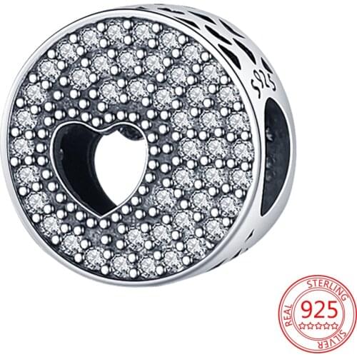 100% 925 Sterling Silver Fit Original Pandora Bracelet Zircon Heart-shaped Hollow Women Beads Charm Fashion Jewelry Making Gift