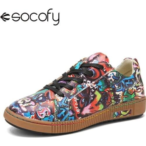 SOCOFY Women Letter Art Printed Sneakers Comfy Wearable Lace Up Casual Sneakers Running Walking Shoes Stitching Skate Shoes