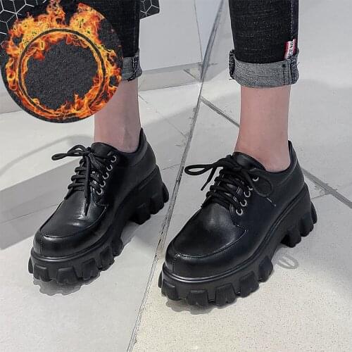 Plus Size 34-46 Spring\Winter British Leather Shoes Women Square Heel Platform Shoes Woman Lace-Up Oxford Shoes for Women