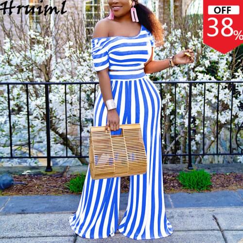 Two Piece Set Women Summer Off Shoulder Tshirts Wide Leg Pants Striped Print Suit Women Causal Elegant Streetwear Plus Size