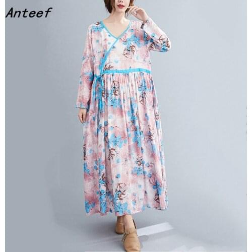 Long sleeve cotton vintage floral for women casual loose spring autumn dress elegant clothes 2021 ladies dresses
