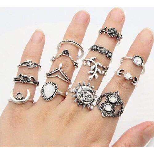 14pcs/set Bohemian Vintage Sunflower Carved Rings Kits Water Drop For Women Leaf Jewelry Sun Boho Shape Finger Rings Retro W8O8