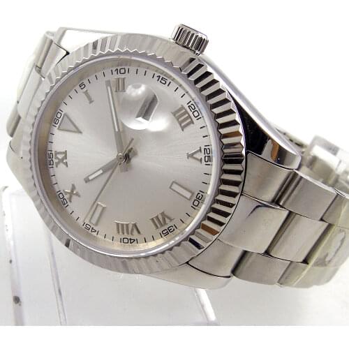 39MM Silver Sterile Dial Sapphire Glass Roman Number Date Mechanical Luminous MIYOTA 8215 Movement Automatic Mens Wristwatch