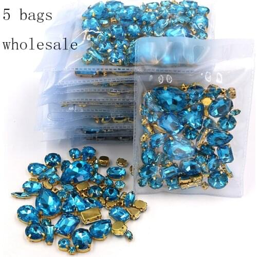Free shipping Wholesale 5 bags mixed shape sew on glass Lake blue gold base rhinestones diy dress/Clothing accessories