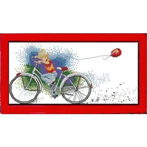 Free Delivery Top Quality Cute Funny Counted Cross Stitch Kit Bicycle Bike Riding Little Boy Walk The Balloon