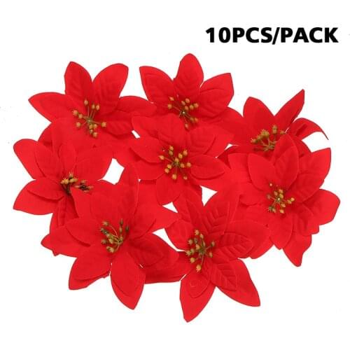 10pcs Red Christmas Silk Flowers Artificial Glitter Poinsettia Flower 14cm Xmas Merry Christmas Home Party DIY Decorating Flower