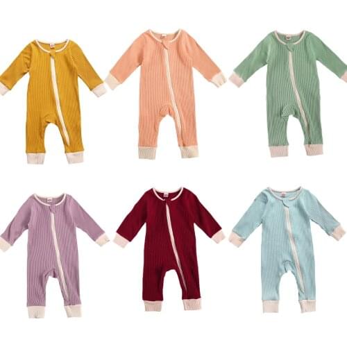 Infant Baby Boys Girls Ribbed Romper Long Sleeve Round Collar Open Front Zipper One-piece Red/ Pink/ Yellow/ Purple/ Green/ Blue