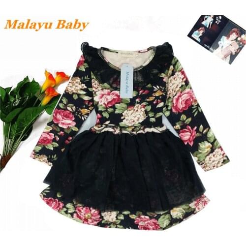 Autumn Winter Fashion Girls Dress 2-6 Years Kids Clothing Cute Child Floral Mesh Splicing Long-Sleeved Princess Veatidos