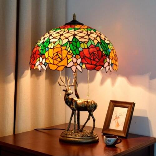 GIRBAN Elk Rose Stained Glass Table Lamps Living Room Dining Bar Bedroom Decor Bedside Desk Lamp Night Lights Light lampara