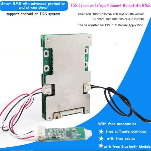 15S Li-ion Battery Intelligent Smart BMS with Bluetooth function and PC software UART communication PCB with 20A 40A 60A current