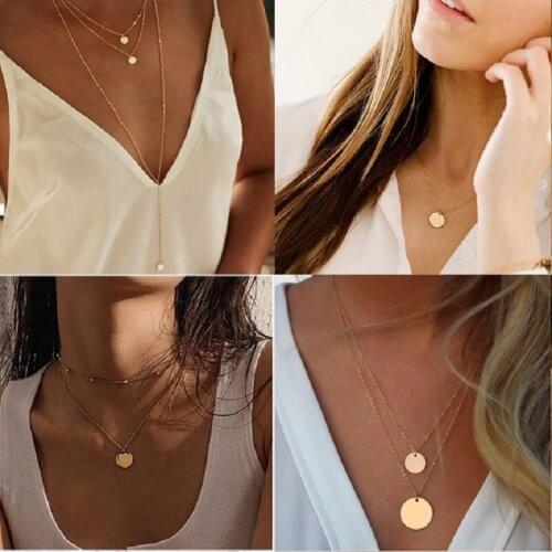 Classic Round Disc Pendant necklace Multi layer necklace bead charm satellite Chain Copper iron material European American style