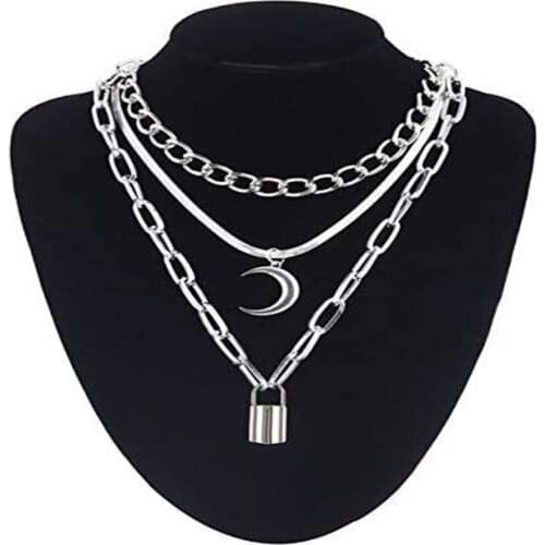 3pcs/set Punk Silver Chunky Chain Necklace for Women Multi-layer Lock Pendant Clavicle Chain Street Metal Choker Jewelry Gift