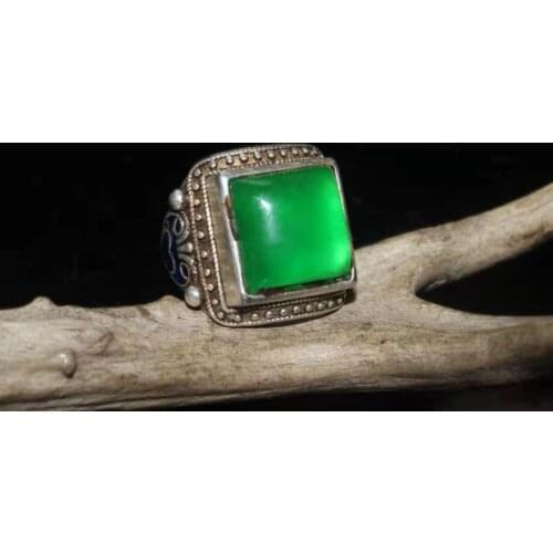 Collection Chinese old Tibetan silver cloisonne inlaid greenstone jade ring