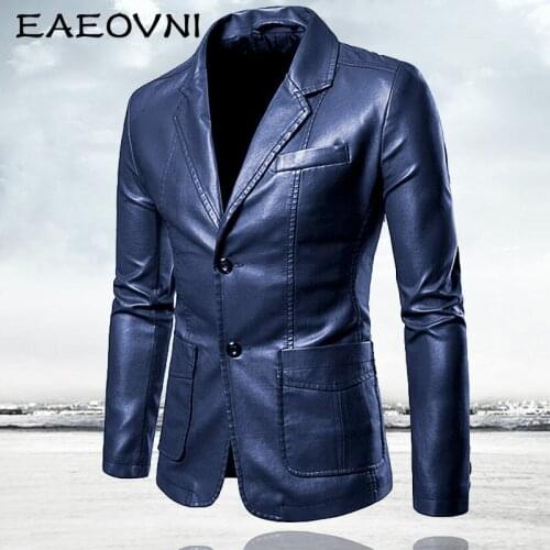 EAEOVNI Mens Leather Blazer Jacket Slim Fit Busniess Jacket Outwear Spring Autumn Men Leather Jackets Coat Casual Brand Clothing