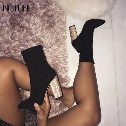 NIUFUNI Women Boots Spring Autumn Thick High Heels Ankle Boots Elastic Tube Socks Bling Heeled Booties Fashion Lady Shoes