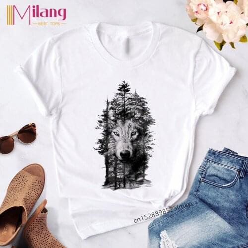 New Summer 2021 T-Shirt Wolf Printed Tshirt Woman Cartoon Graphic Tee Anime Harajuku 90s Tshirt Ullzang Female Streetwear Tops