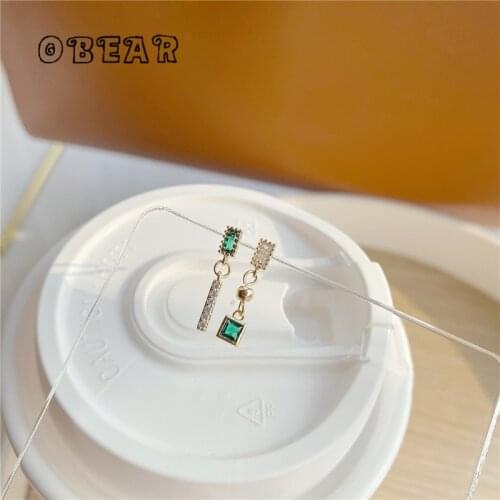 OBEAR 14k Real Gold Plating Retro Asymmetric Green Crystal Stud Earrings Women Noble Elegant All-Match Jewelry