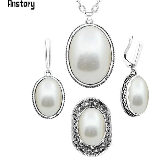 Oval Pearl Jewelry Set Choker Necklace Earrings Rings For Women Antique Silver Plated Stainless Steel Chain Jewelry TS395