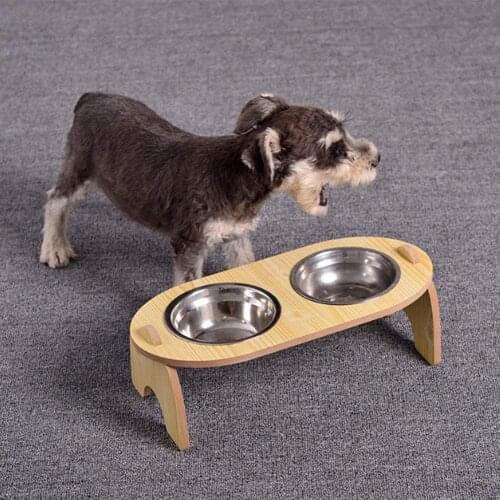 Pet Dog Raised Bowl For Cats Wood Elevated Stand Neck Care Food Water Bowls with Steel Bowls for Puppy Kitty Foot Dish Holder