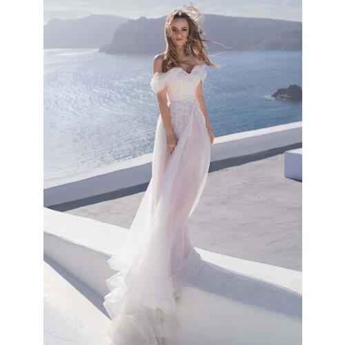 Pink Off Shoulder Tulle Bridal Gown Appliqued Soft Classic 2021Boho Beach Lace Up Outdoor Princess Wedding Bridesmaid Dress