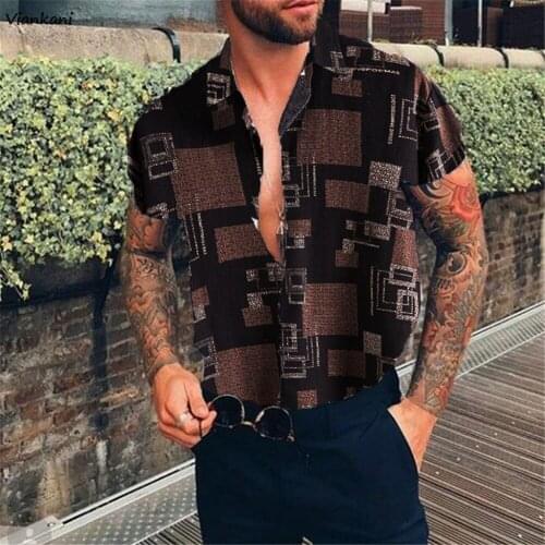 Mens Blouse New Summer Fashion Plaid Printed Short Sleeve Shirts 2021 Vintage Trend Lapel Brown Streetwear Casual Shirt