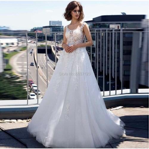 Scoop A Line Tulle Wedding Dresses Vestidos De Noiva Lace Appliques Sleeveless Floor Length Backless Bridal Gown Custom made